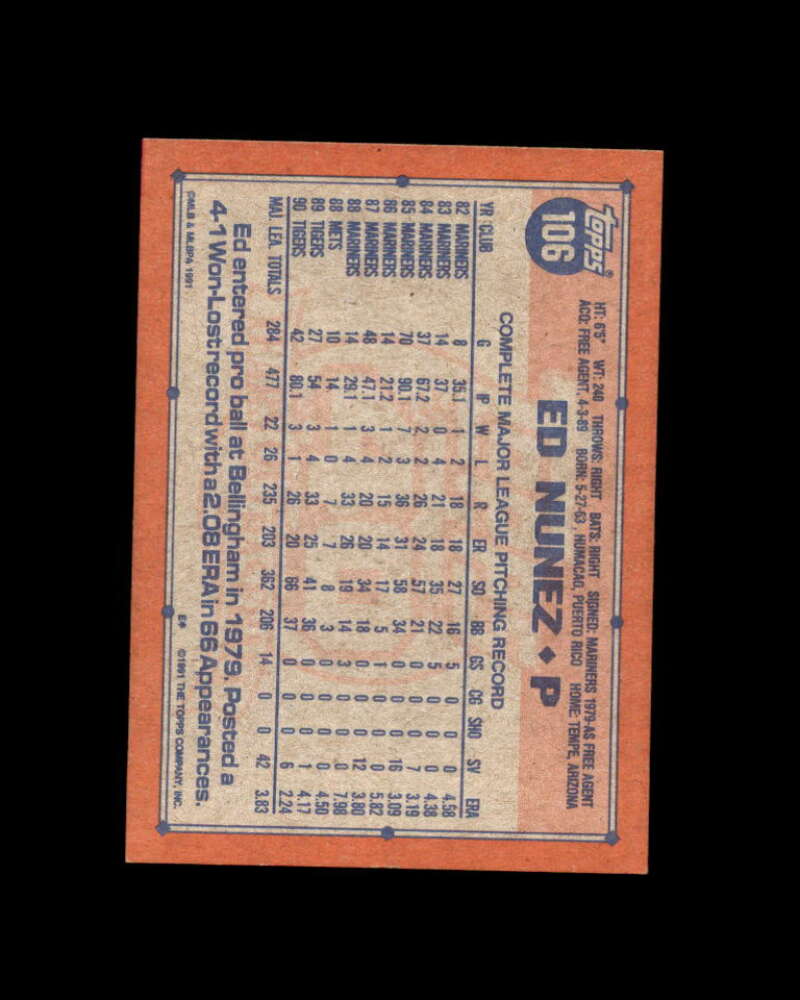 Ed Nunez Card 
1991 Topps Desert Shield #106 Detroit Tigers Image 2