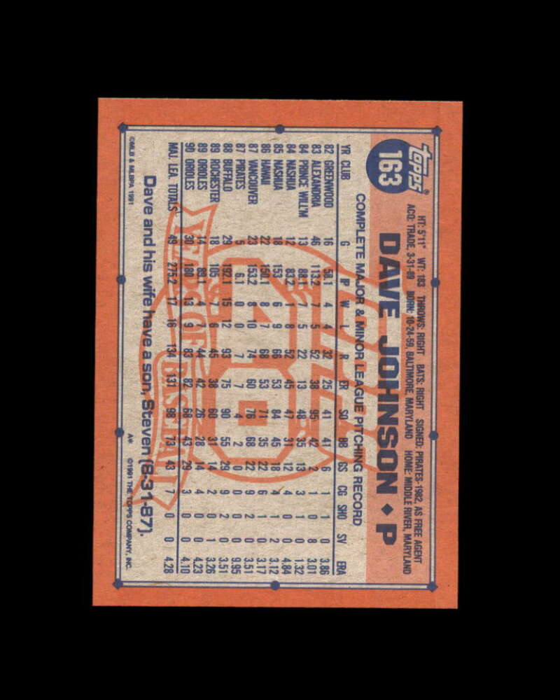 Dave Johnson Card 1991 Topps Desert Shield #163 Baltimore Orioles Image 2