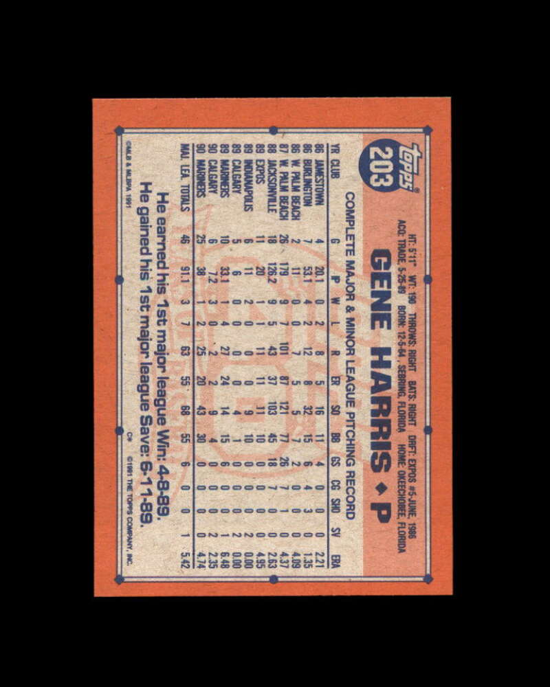 Gene Harris Card 1991 Topps Desert Shield #203 Seattle Mariners Image 2