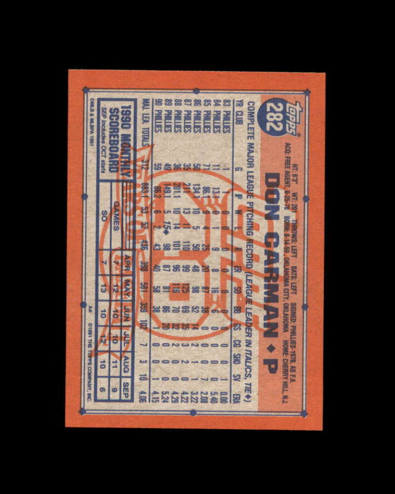 Don Carman Card 
1991 Topps Desert Shield #282 Philadelphia Phillies Image 2