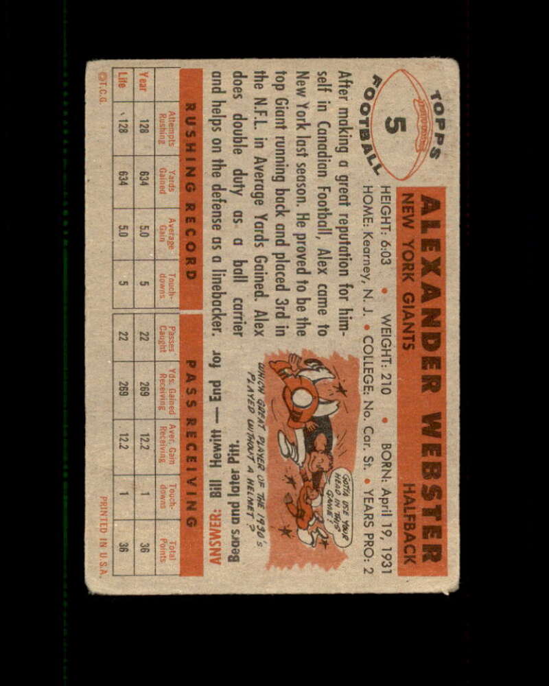 Alex Webster Rookie Card 1956 Topps #5 New York Giants Very Good Excellent  Image 2