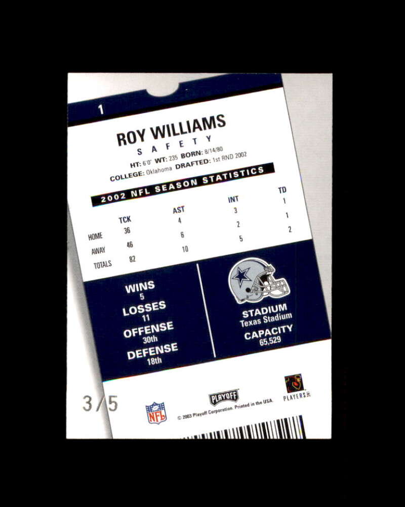 Roy Williams Card 2003 Playoff Contenders Orange County #1 Dallas Cowboys 3/5 Image 2