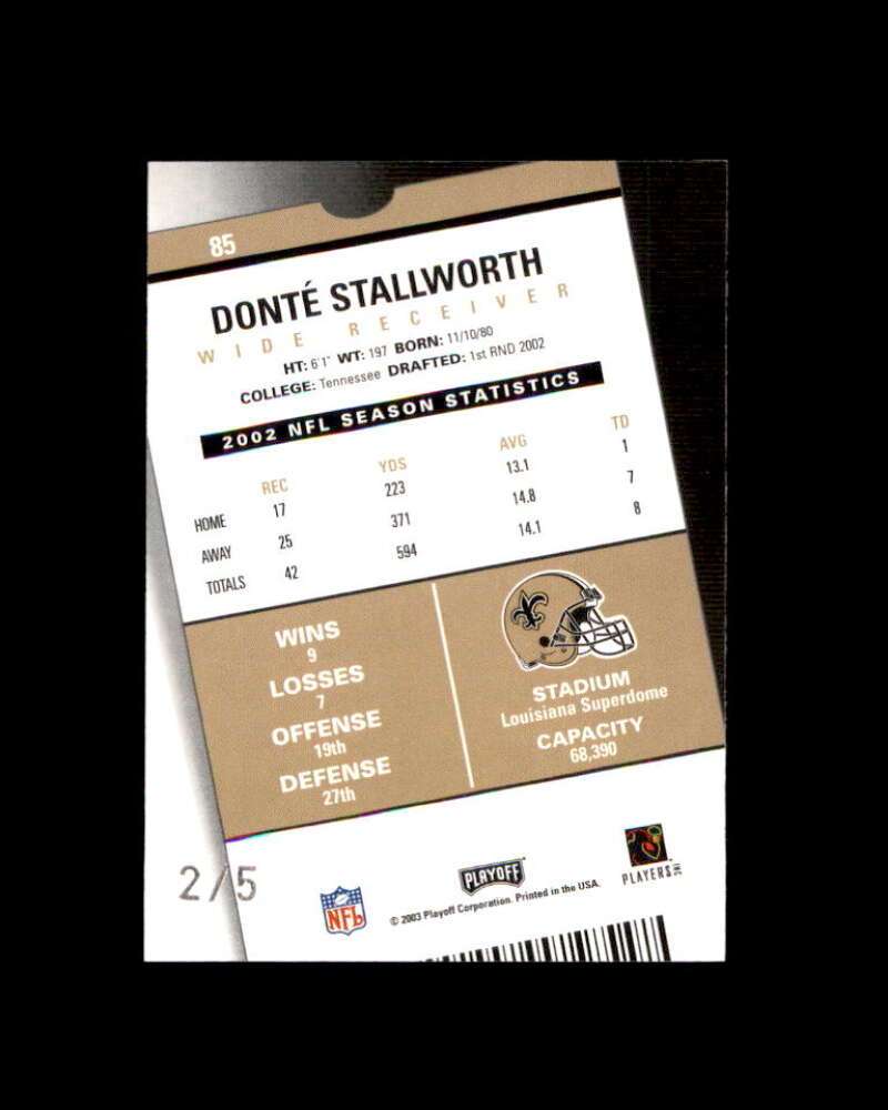 Donte Stallworth Card 2003 Playoff Contenders Orange County #85 2/5 Image 2
