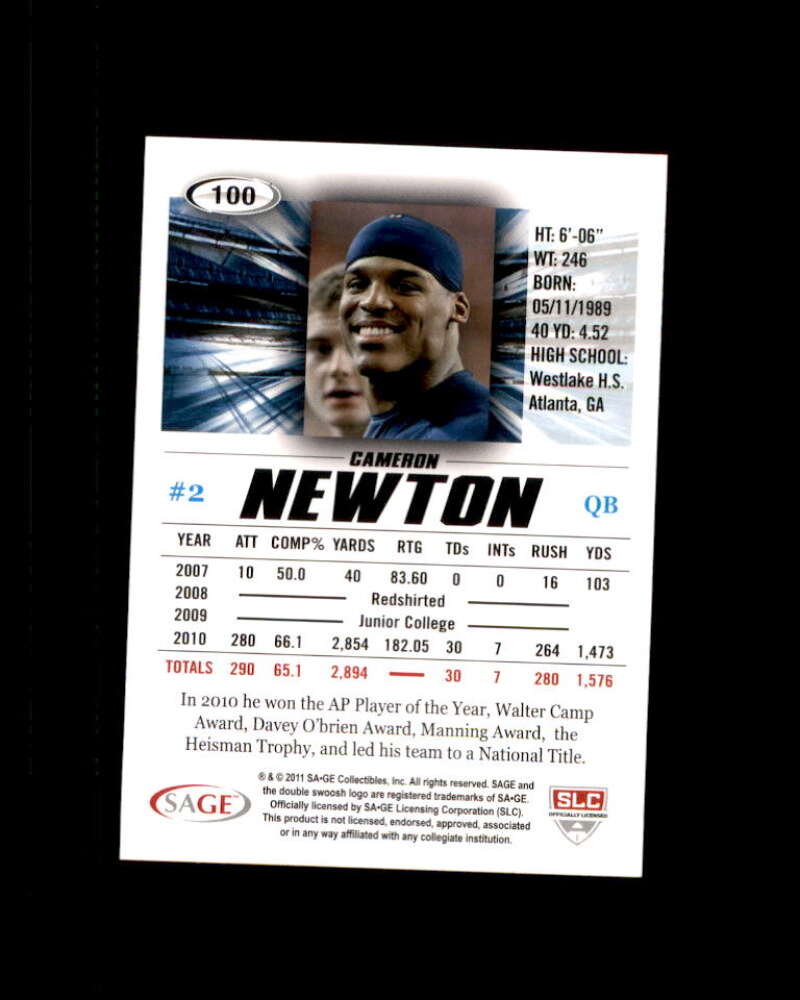 Cam Newton Rookie Card 2011 Sage Hit #100A Carolina Panthers Image 2