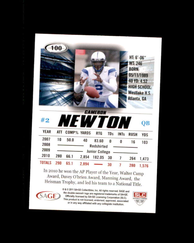Cam Newton Rookie Card 2011 Sage Hit #100B Carolina Panthers Image 2