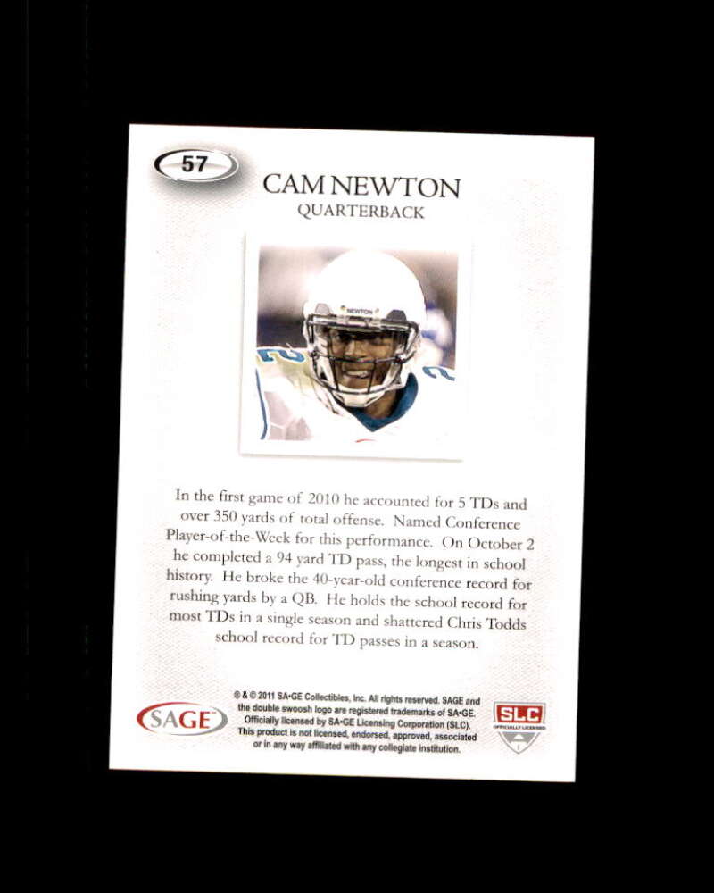 Cam Newton Rookie Card 2011 Sage Hit #57 Carolina Panthers Image 2