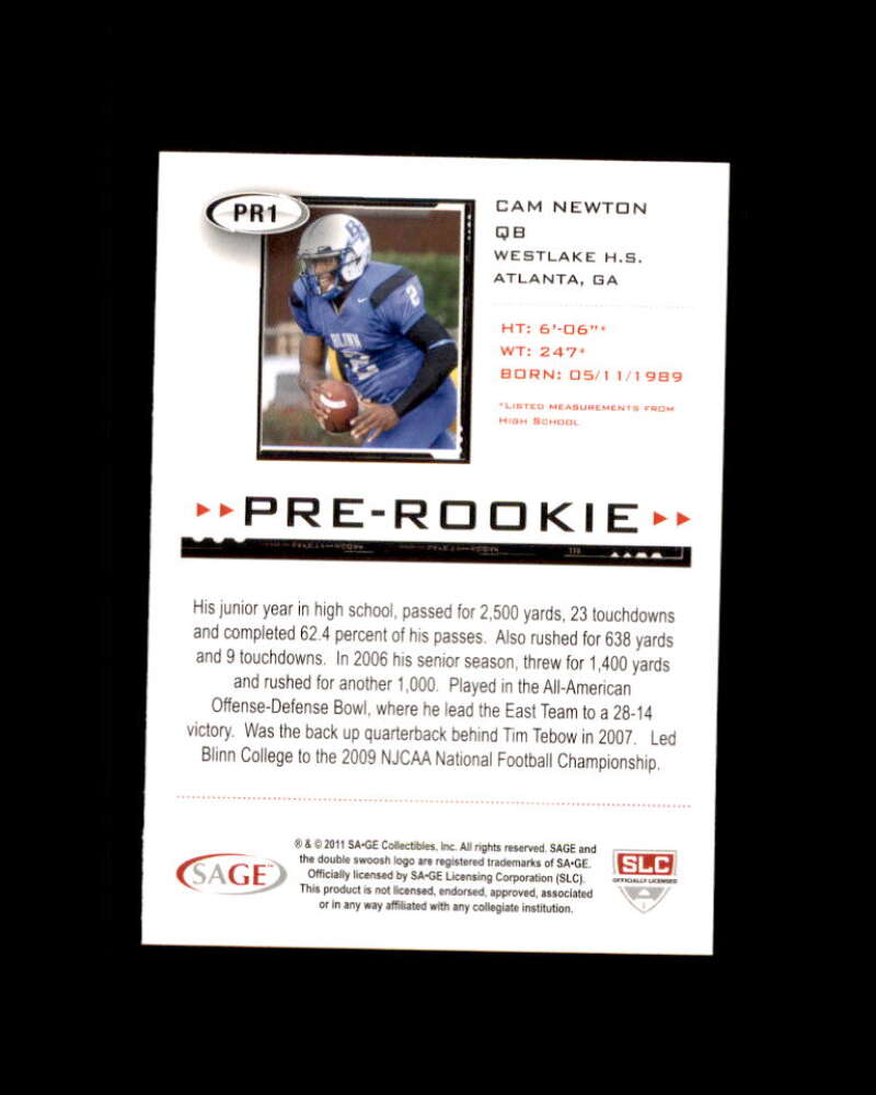 Cam Newton Rookie Card 2011 Sage Hit Pre Rookie #pr1 Carolina Panthers Image 2