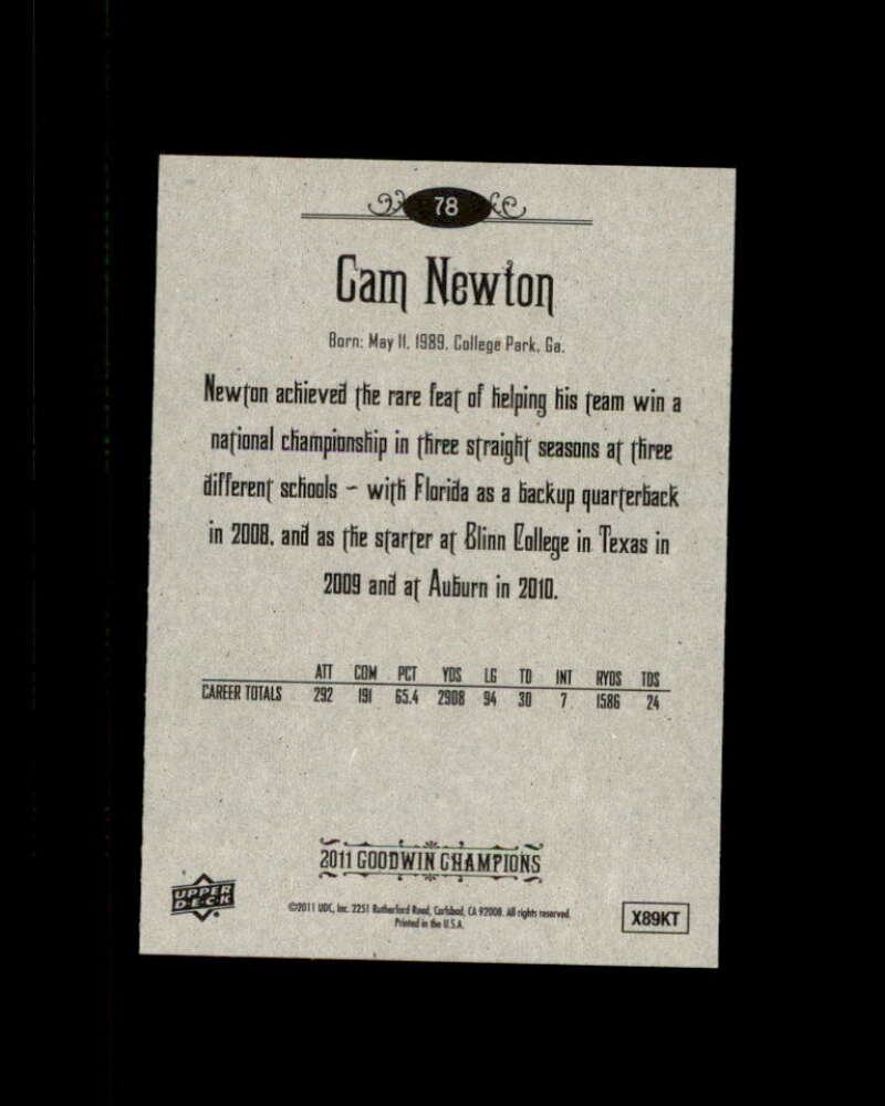 Cam Newton Rookie Card 2011 Upper Deck Goodwin Champions #78 Carolina Panthers Image 2