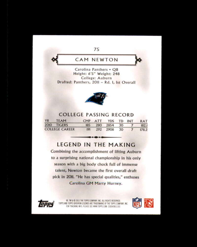 Cam Newton Rookie Card 2011 Topps Legends #75 Panthers Image 2