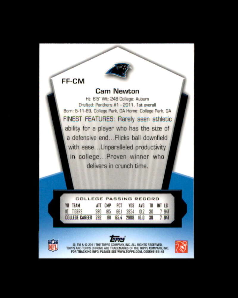 Cam Newton Rookie Card 2011 Topps Chrome Fin. Freshman #FF-CM Panthers Image 2