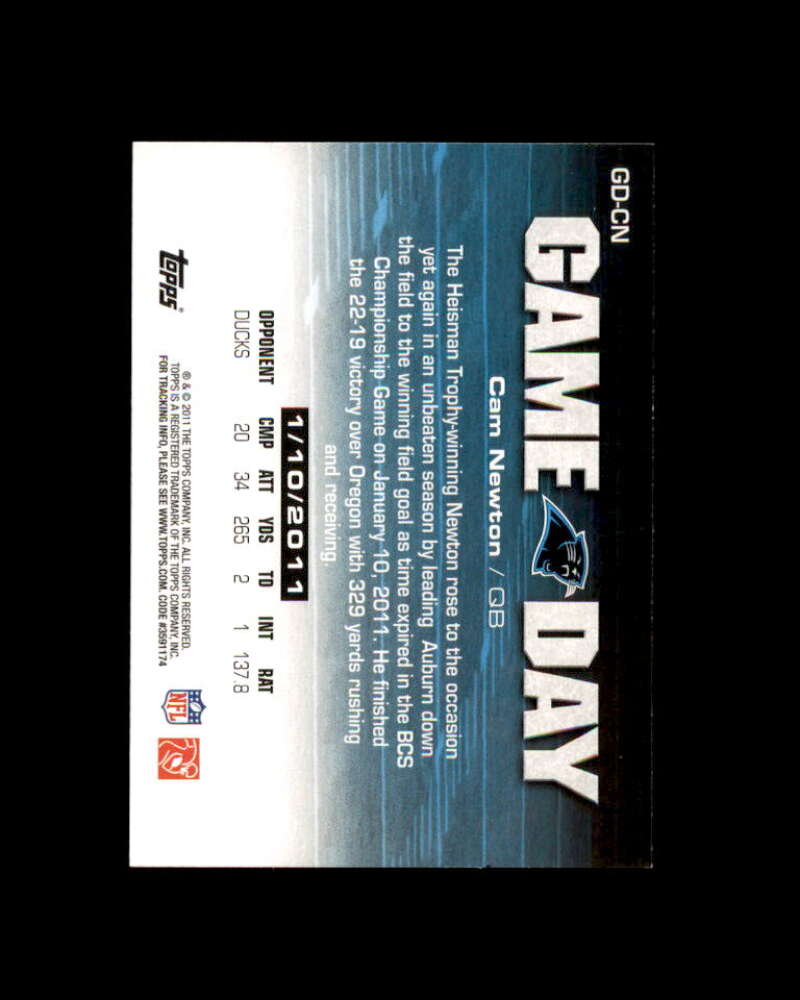 Cam Newton Rookie Card 2011 Topps Game Day #GD-CN Panthers Image 2