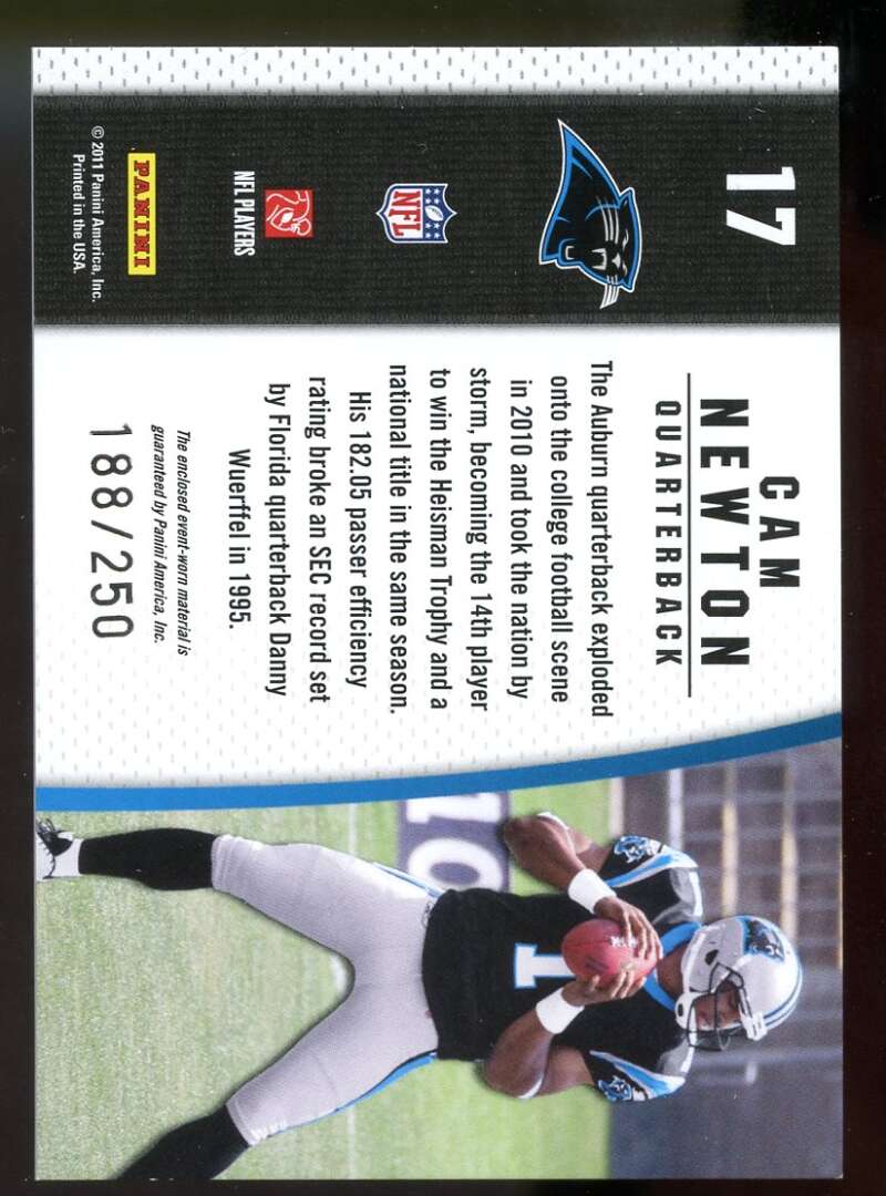 Cam Newton Rookie Card 2011 Cert Shirt Off My Back Mat #17 Panthers Image 2