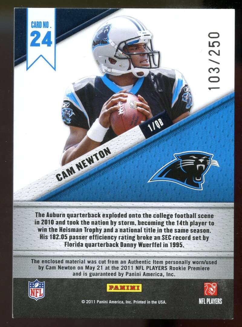 Cam Newton Rookie Card 2011 Certified Fabric of the Game #24 Panthers /250 Image 2