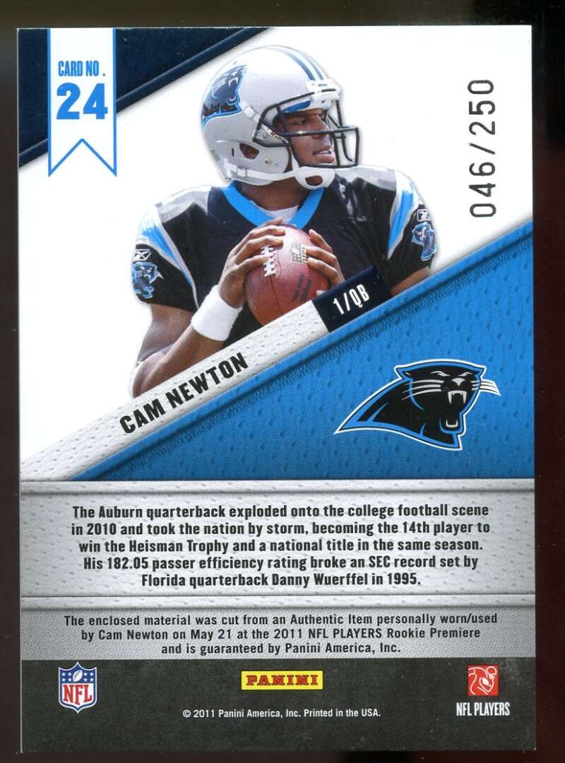 Cam Newton Rookie Card 2011 Certified Fabric of the Game #24 Panthers /250 Image 2