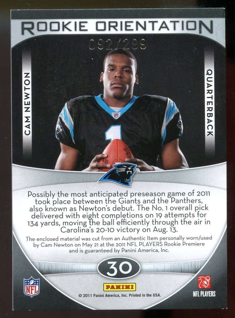 Cam Newton Rookie Card 2011 Panini Gridiron Gear Jrsys #30 Panthers Image 2