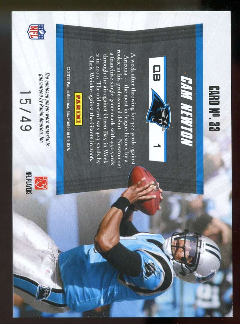Cam Newton Rookie Card 2011 Totally Certified Future Mats Prime #33 Panthers Image 2