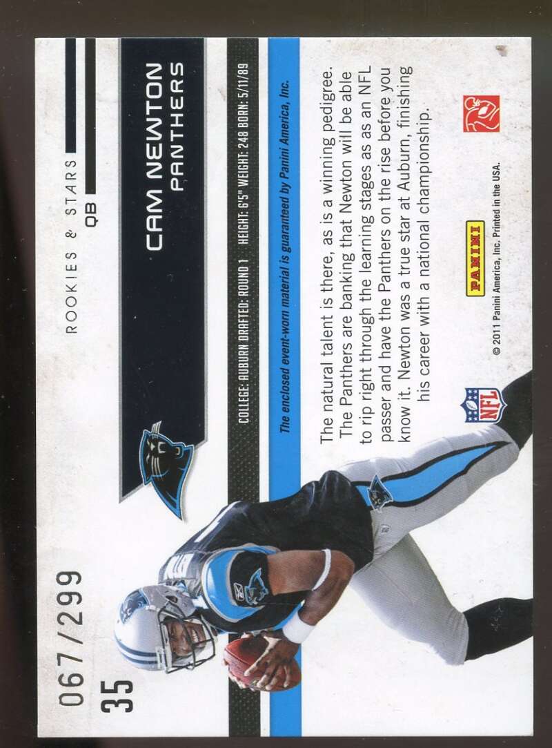 Cam Newton Card 2011 Rookies and Stars Rookie Revolution Materials #35 Panthers Image 2