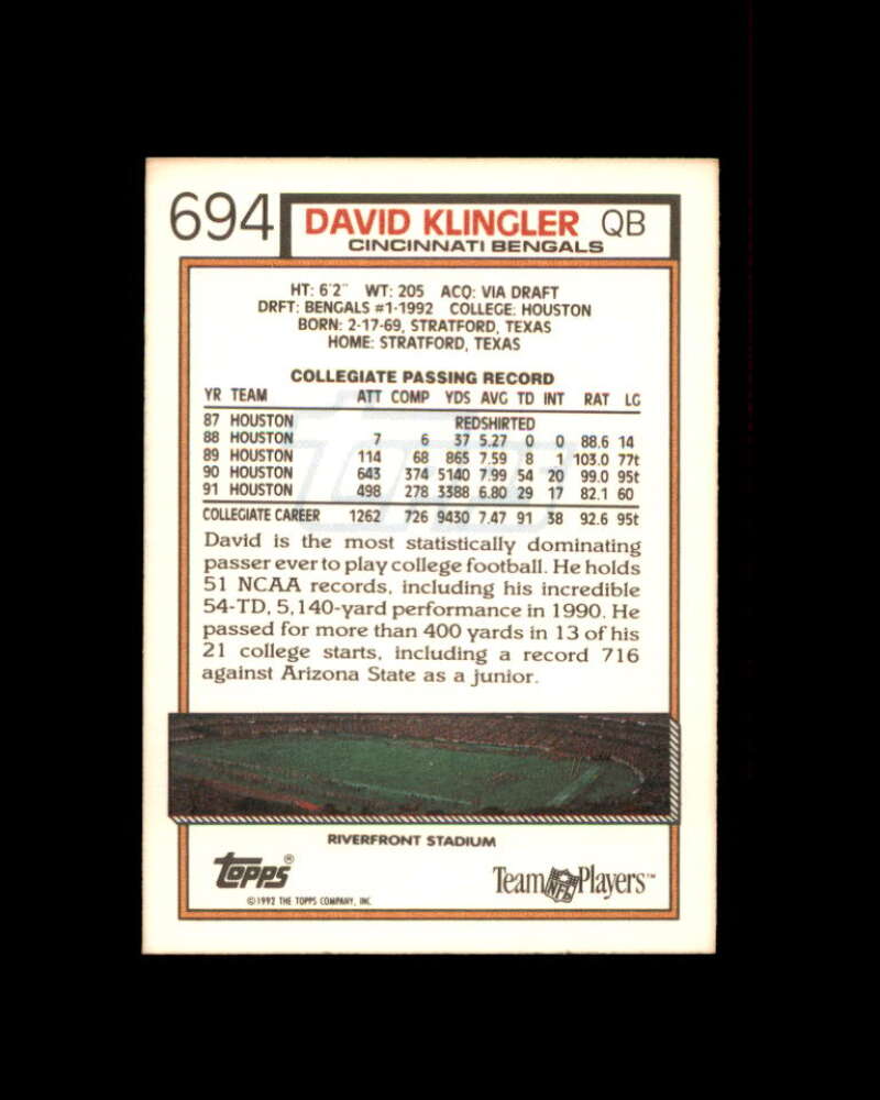 David Klingler Rookie Card 1992 Topps #694 Cincinnati Bengals Image 2