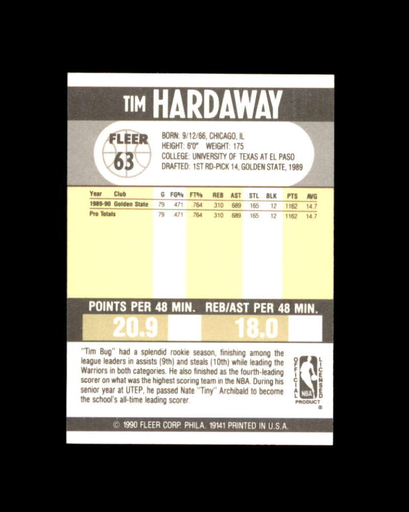 Tim Hardaway Rookie Card 1990-91 Fleer #63 Golden State Warriors Image 2