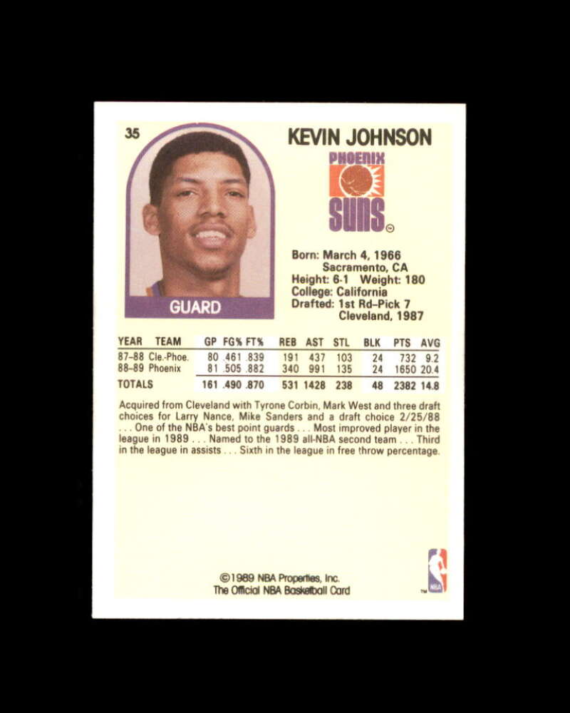 Kevin Johnson Rookie Card 1989-90 Hoops #35 Phoenix Suns Image 2