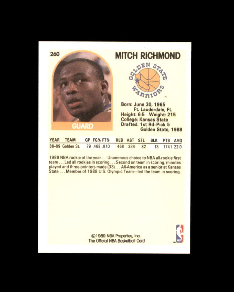 Mitch Richmond Rookie Card 1989-90 Hoops #260 Golden State Warriors Image 2