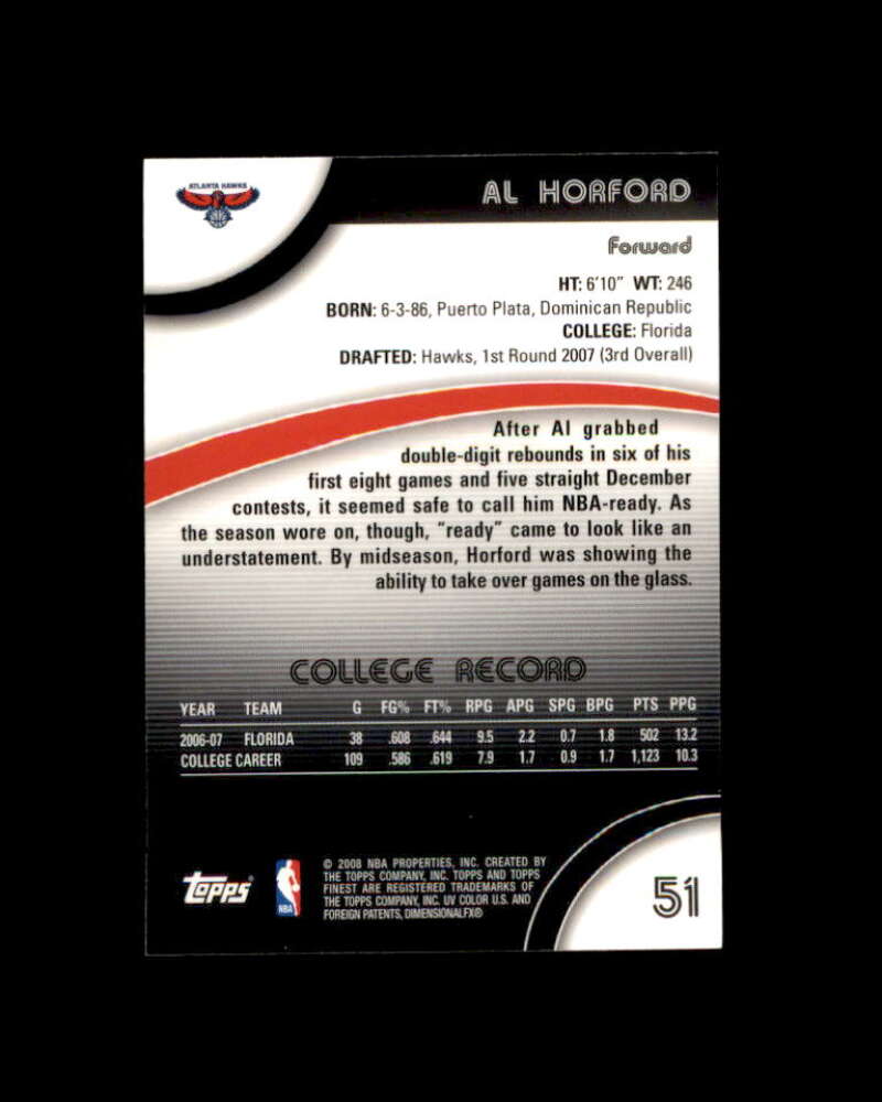 Al Horford Rookie Card 2007-08 Finest #51 Atlanta Hawks Image 2