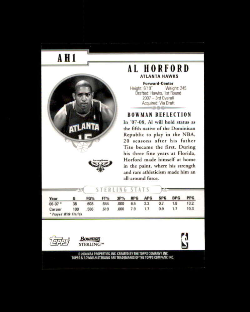 Al Horford Rookie Card 2007-08 Bowman Sterling #AH1 Atlanta Hawks Image 2