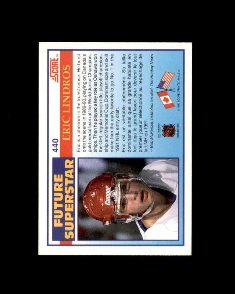 Eric Lindros Rookie Card 1990-91 Score Canadien #440 Philadelphia Flyers Image 2