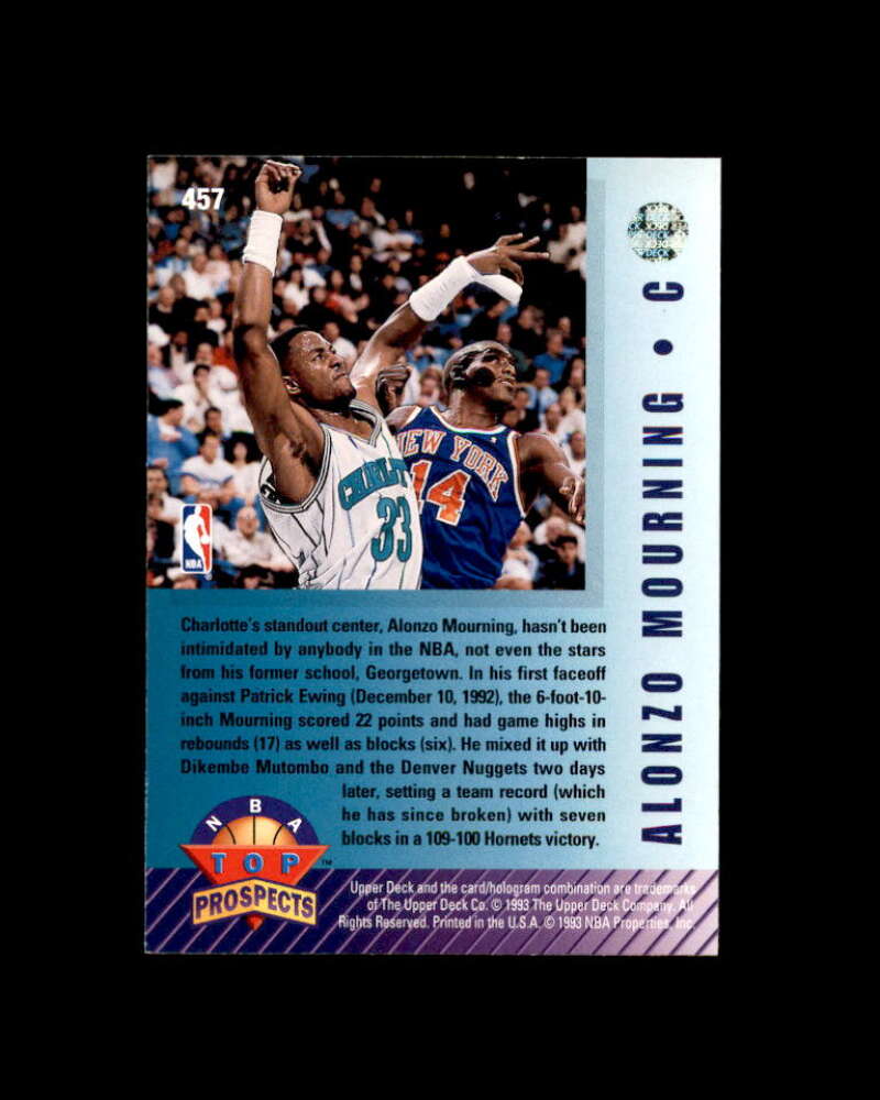 Alonzo Mourning Card 1992-93 Upper Deck Top Prospects #457 Charlotte Hornets Image 2