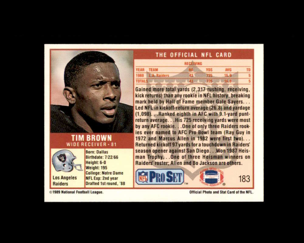 Tim Brown Rookie Card 1989 Pro Set #183 Los Angeles Raiders Image 2