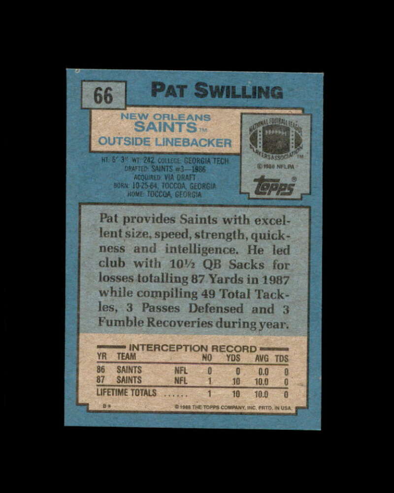 Pat Swilling Rookie Card 1988 Topps #66 New Orleans Saints Image 2