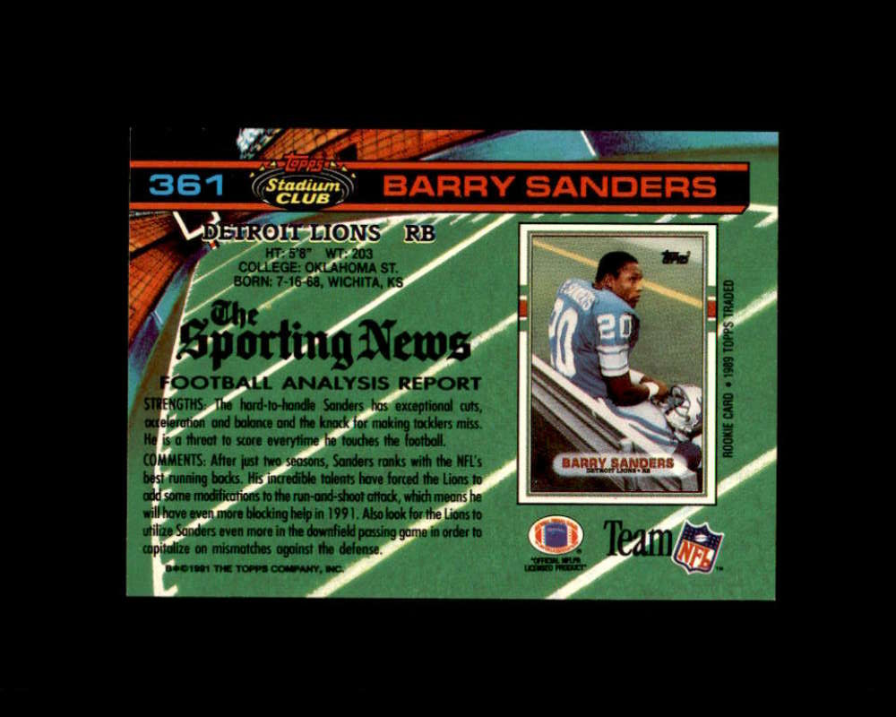 Barry Sanders Card 1991 Stadium Club #361 Detroit Lions Image 2