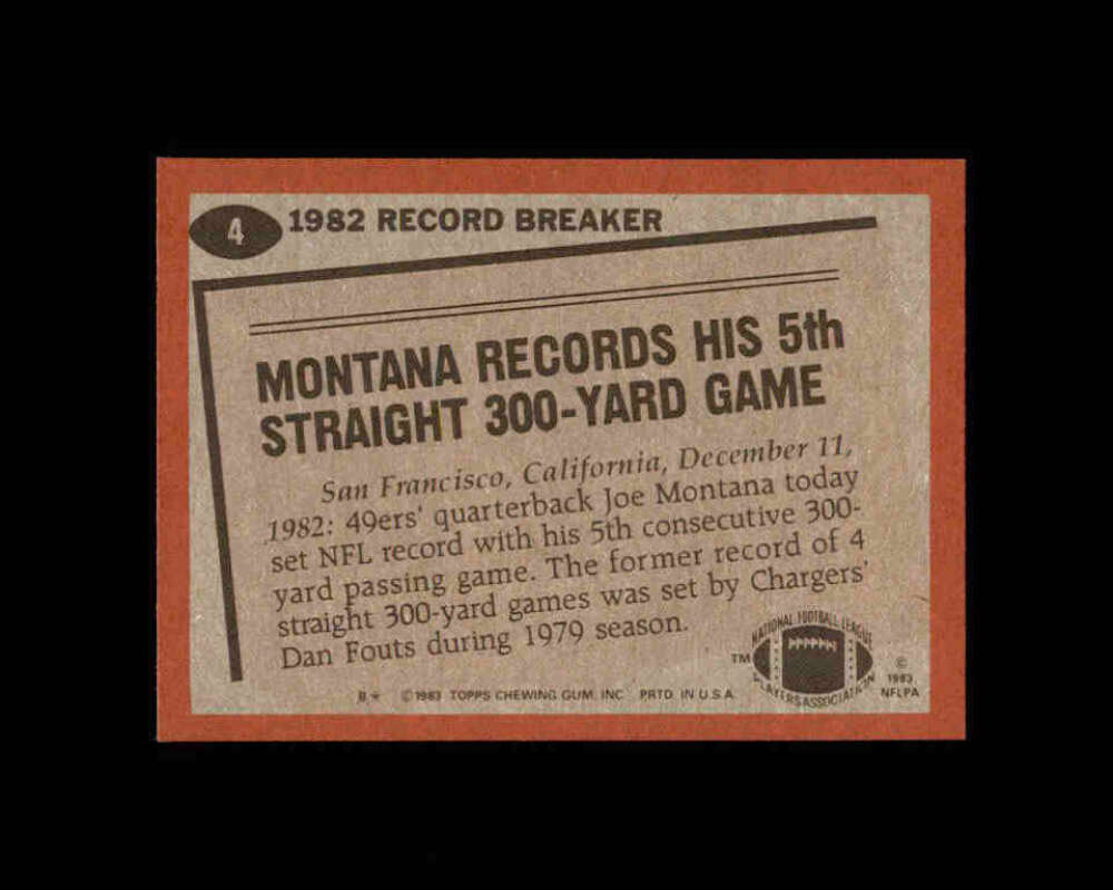 Joe Montana Card 1983 Topps Record Breaker #4 San Francisco 49Ers Image 2