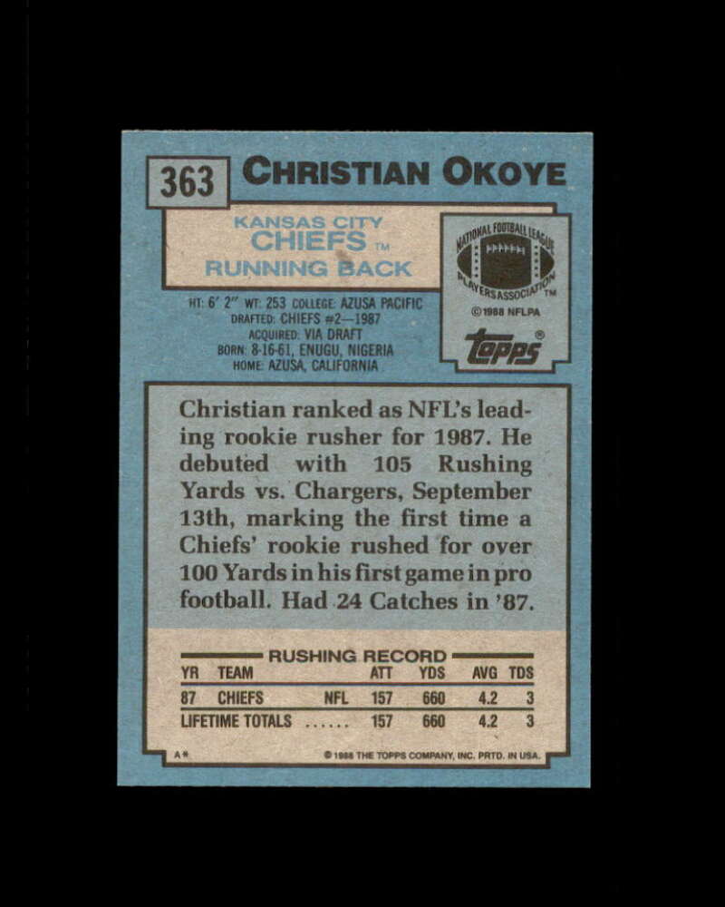 Christian Okoye Super Rookie Card 1988 Topps #363 Kansas City Chiefs Image 2