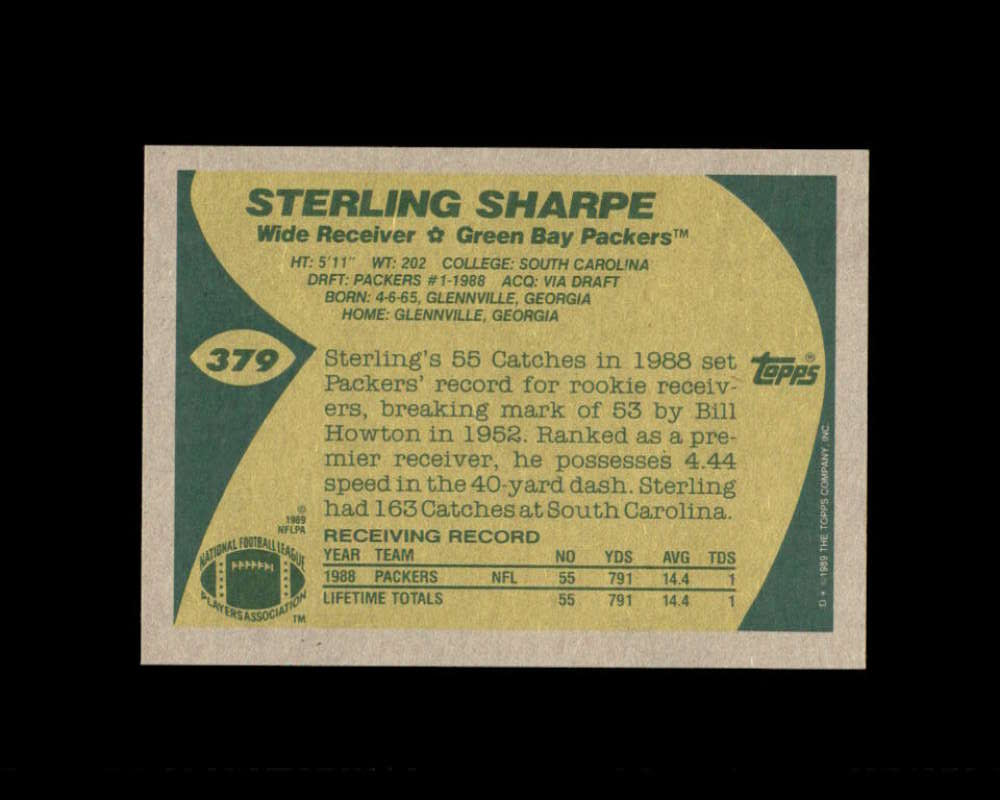 Sterling Sharpe Rookie Card 1989 Topps #379 Green Bay Packers Image 2