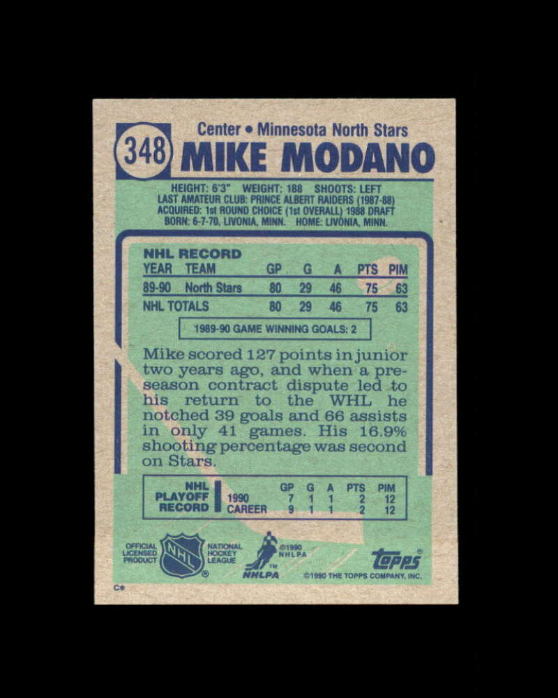 Mike Modano Rookie Card 1990-91 Topps #348 Minnesota North Stars Image 2