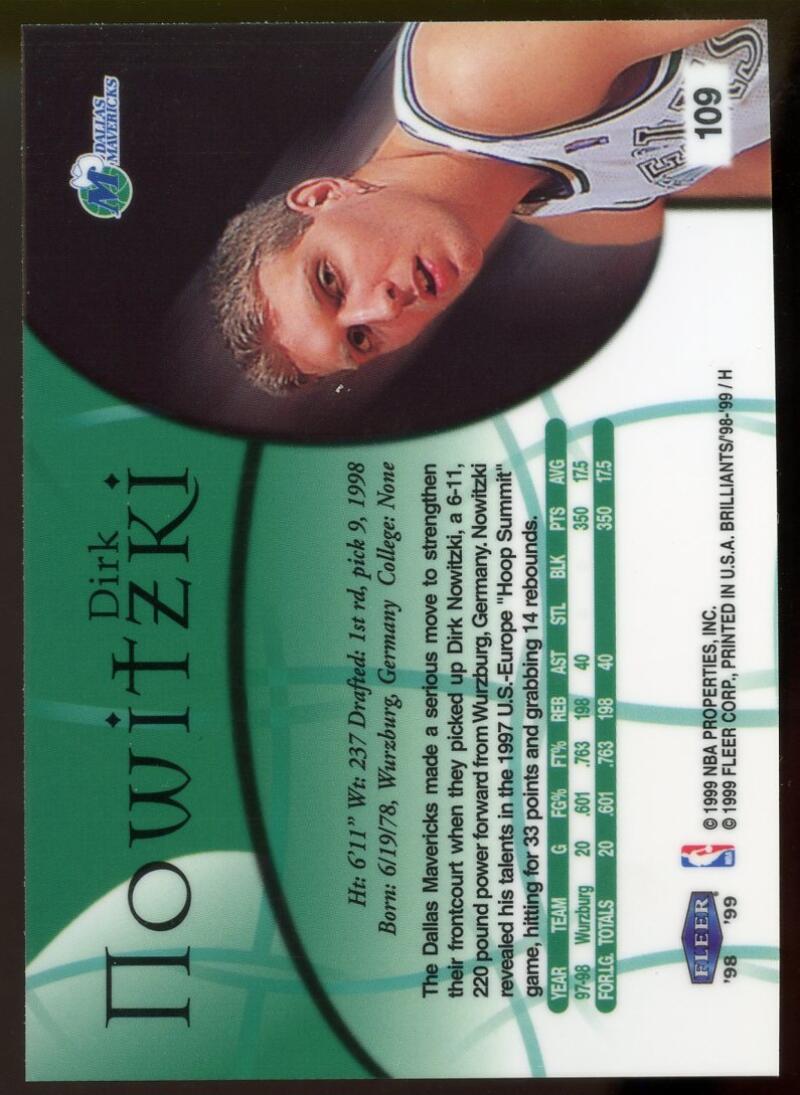 Dirk Nowitzki Rookie Card 1998-99 Fleer Brilliants #109 Dallas Mavericks Image 2