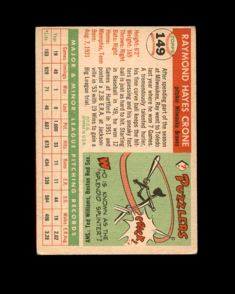 Ray Crone Card 1955 Topps #149 Milwaukee Braves Image 2