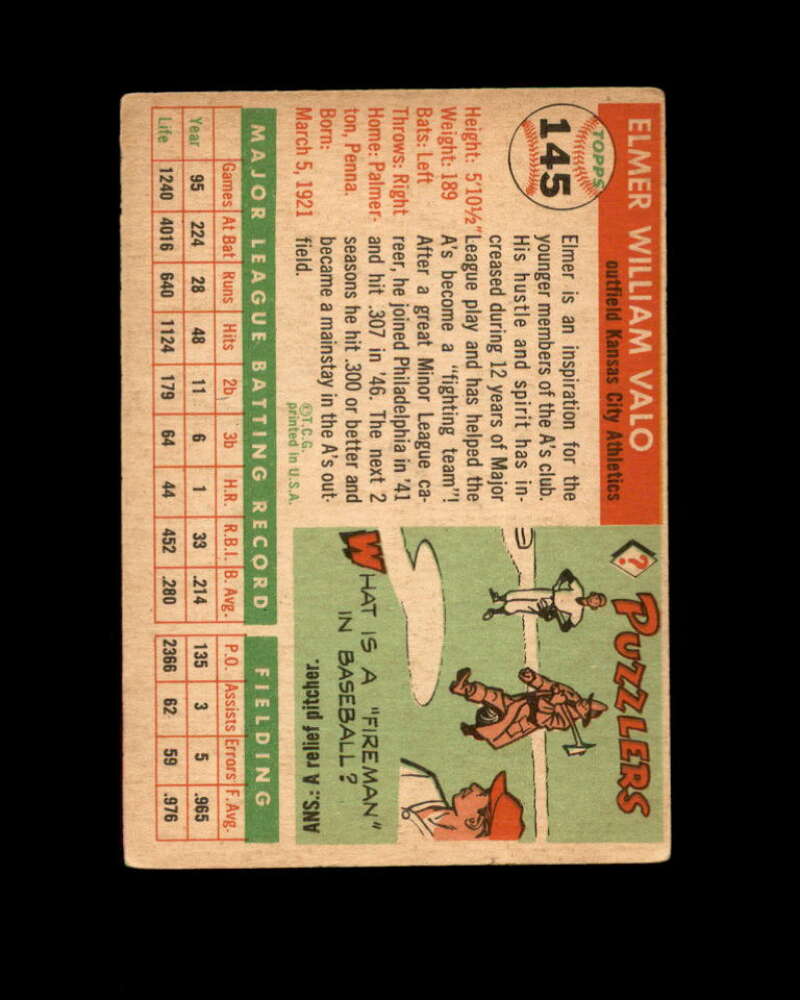 Elmer Valo Card 1955 Topps #145 Kansas City Athletics Image 2