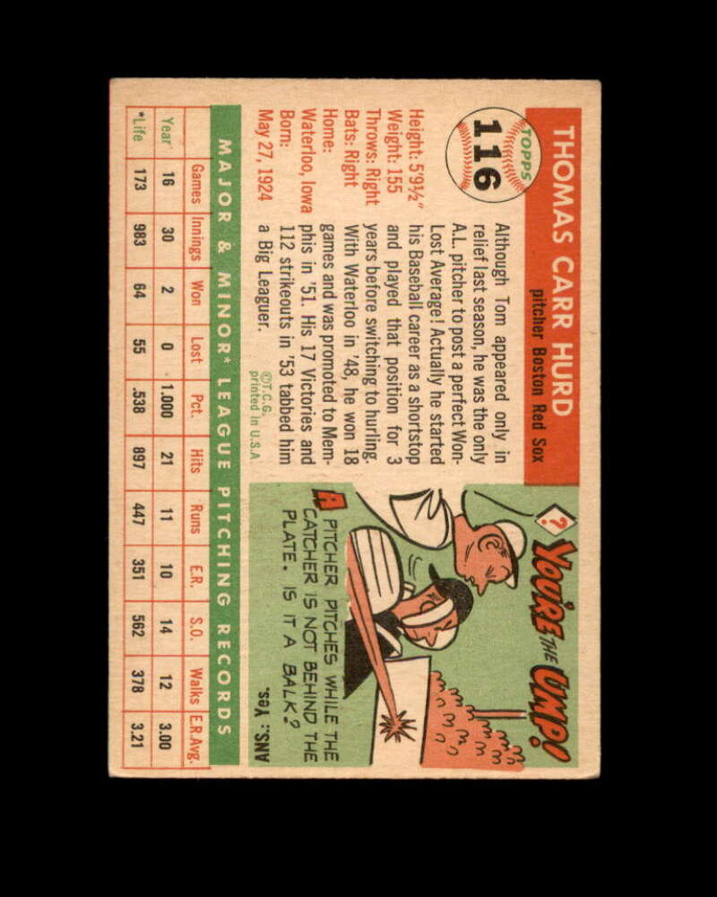 Tom Hurd Rookie Card 1955 Topps #116 Boston Red Sox Image 2