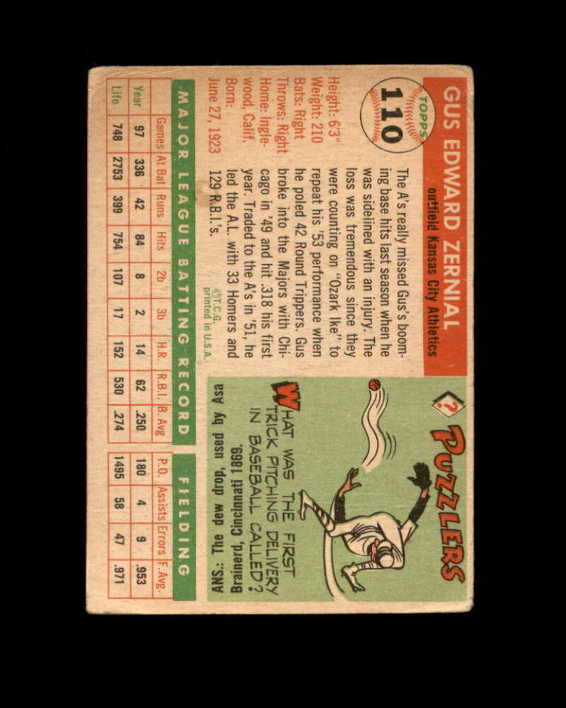 Gus Zernial Card 1955 Topps #110 Kansas City Athletics Image 2