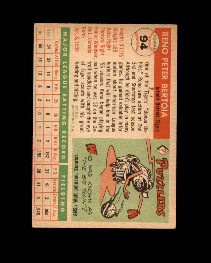 Reno Bertoia Card 1955 Topps #94 Detroit Tigers Image 2