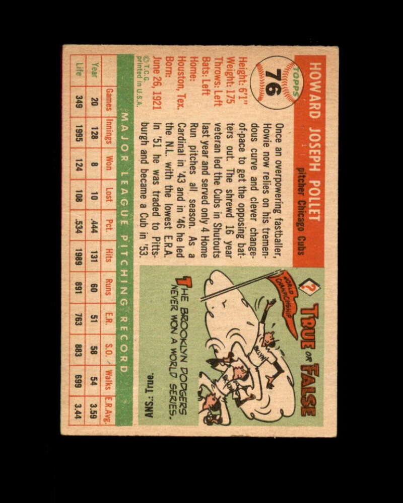 Howie Pollet Card 1955 Topps #76 Chicago Cubs Image 2