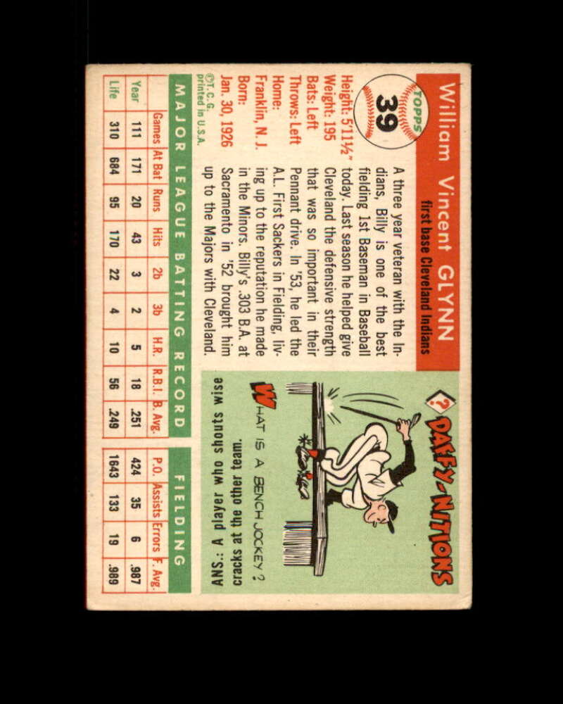 Bill Glynn Card 1955 Topps #39 Cleveland Indians Image 2