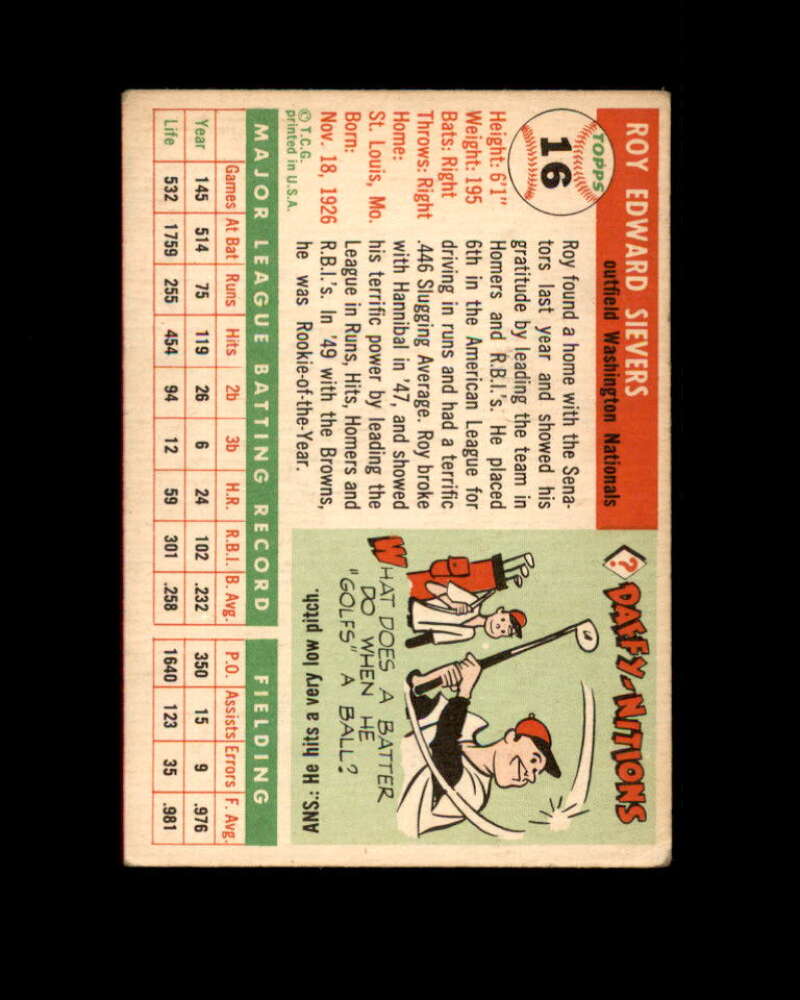 Roy Sievers Card 1955 Topps #16 Washington Nationals Image 2