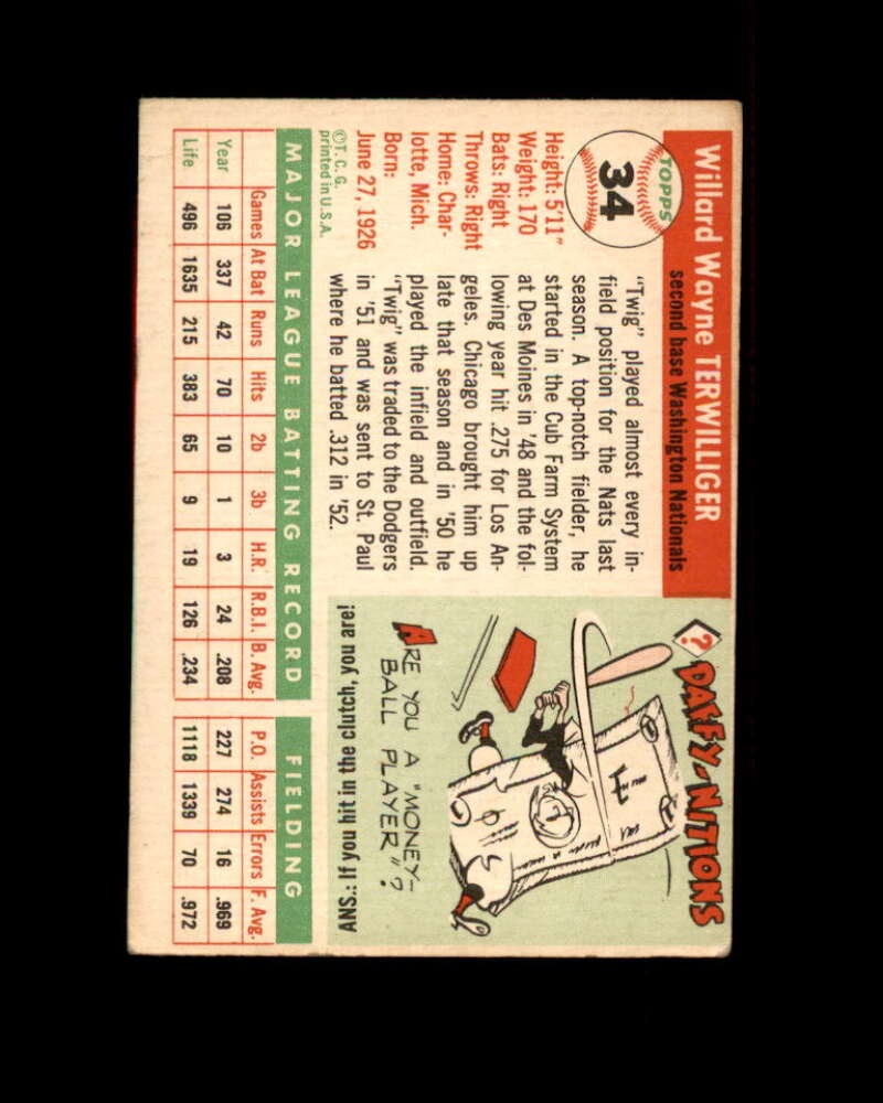 Wayne Terwilliger Card 1955 Topps #34 Washington Nationals Image 2