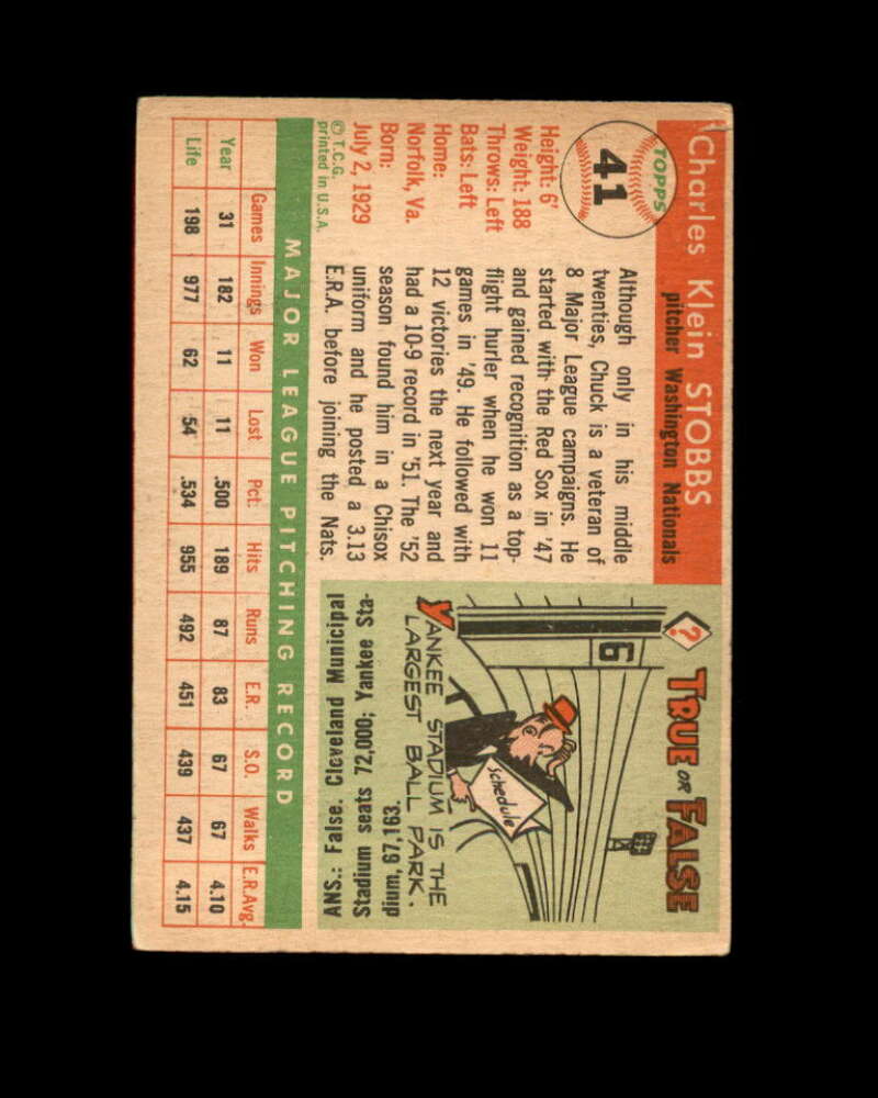 Chuck Stobbs Card 1955 Topps #41 Washington Nationals Image 2