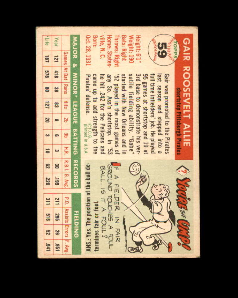 Gair Allie Card 1955 Topps #59 Pittsburgh Pirates Image 2