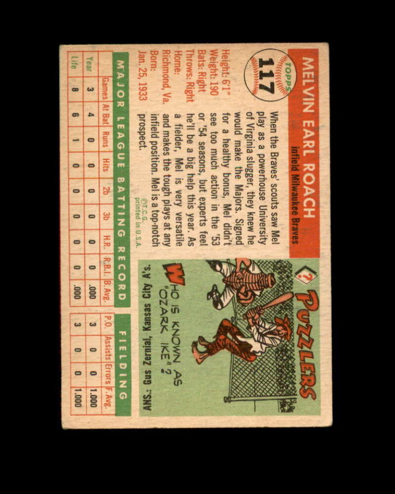 Mel Roach Card 1955 Topps #117 Milwaukee Braves Image 2