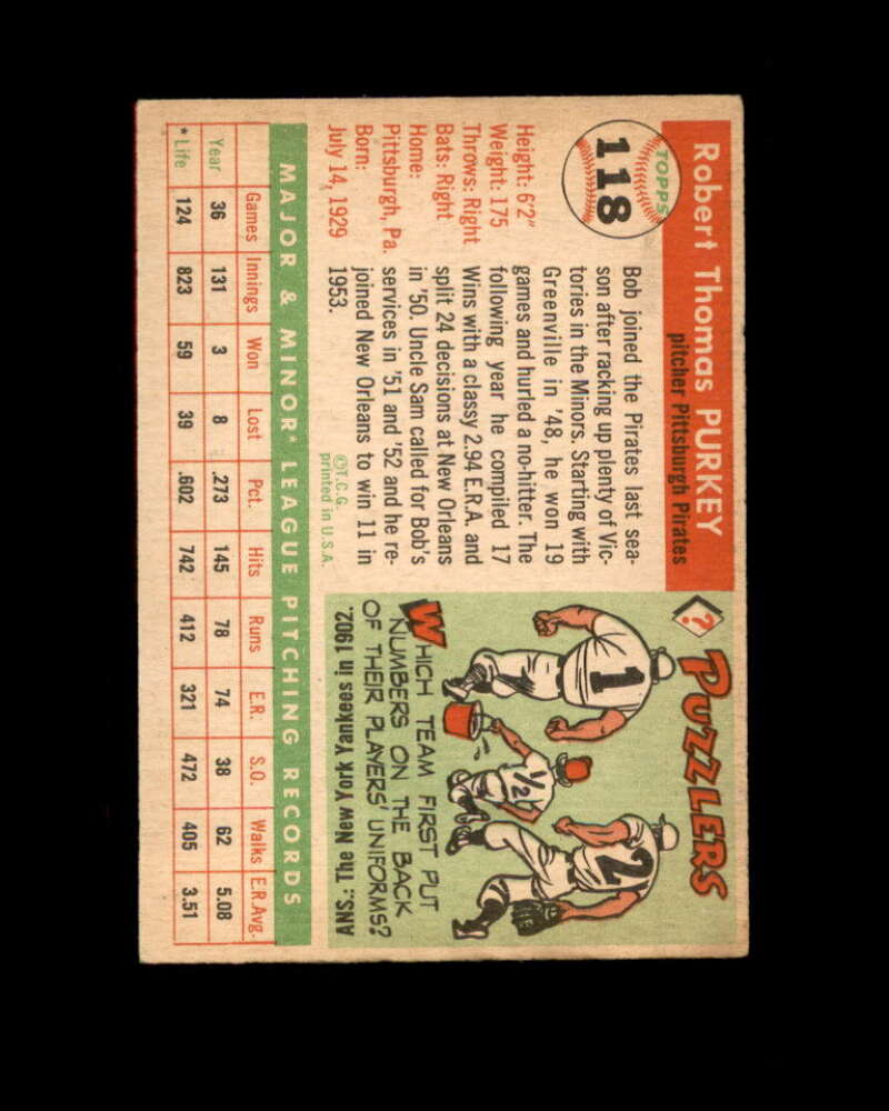 Bob Purkey Card 1955 Topps #118 Pittsburgh Pirates Image 2